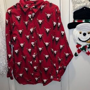 Barn Fly Red Button Down Shirt With Bull Print Large Made In U.S.A.